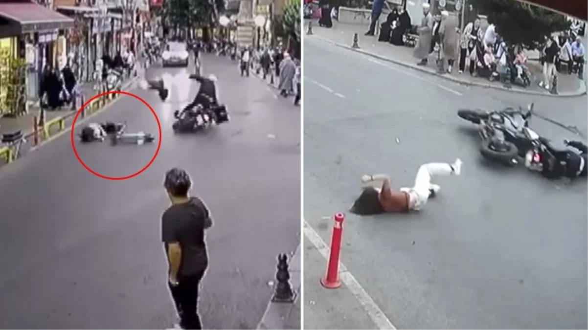 Skuterla motosiklet çarpıştı, 2 kız çocuğu takla atıp yere savruldu! Kaza anbean kamerada